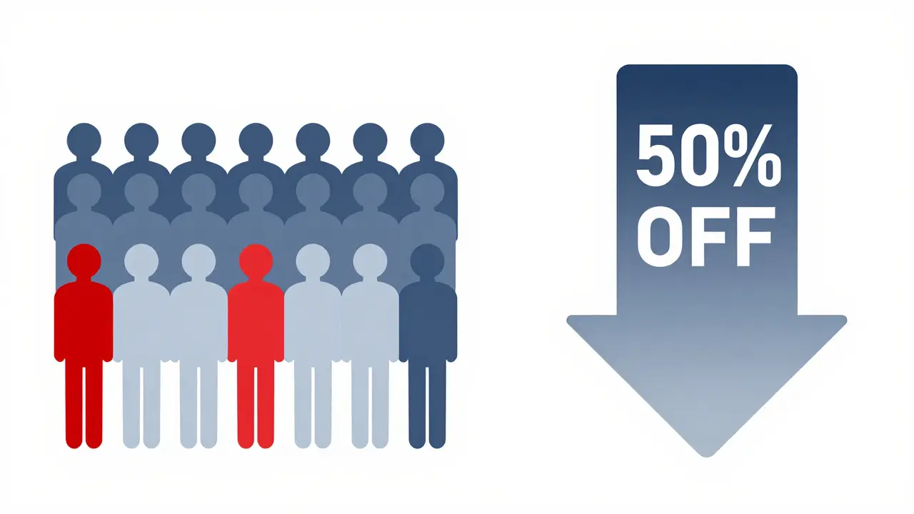 Comparison of 100 silhouettes with one red figure and a large downward arrow representing risk reduction.