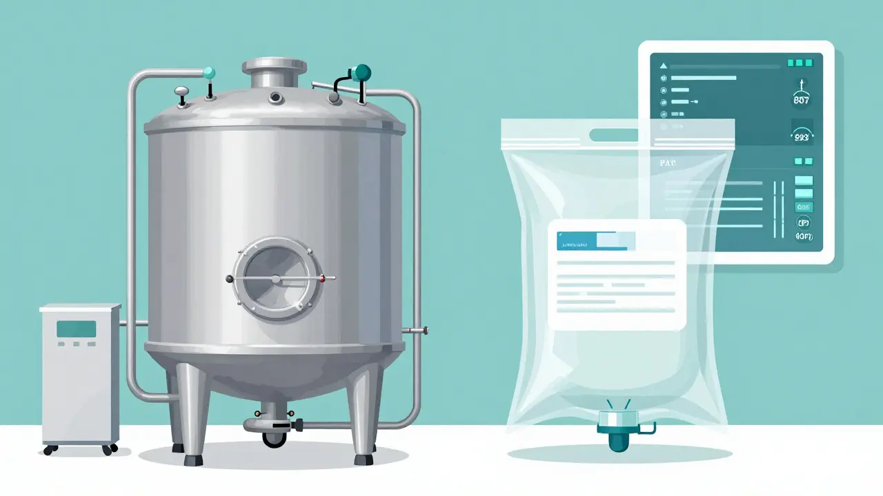 Comparison of a traditional steel bioreactor and a modern single-use plastic bioreactor bag