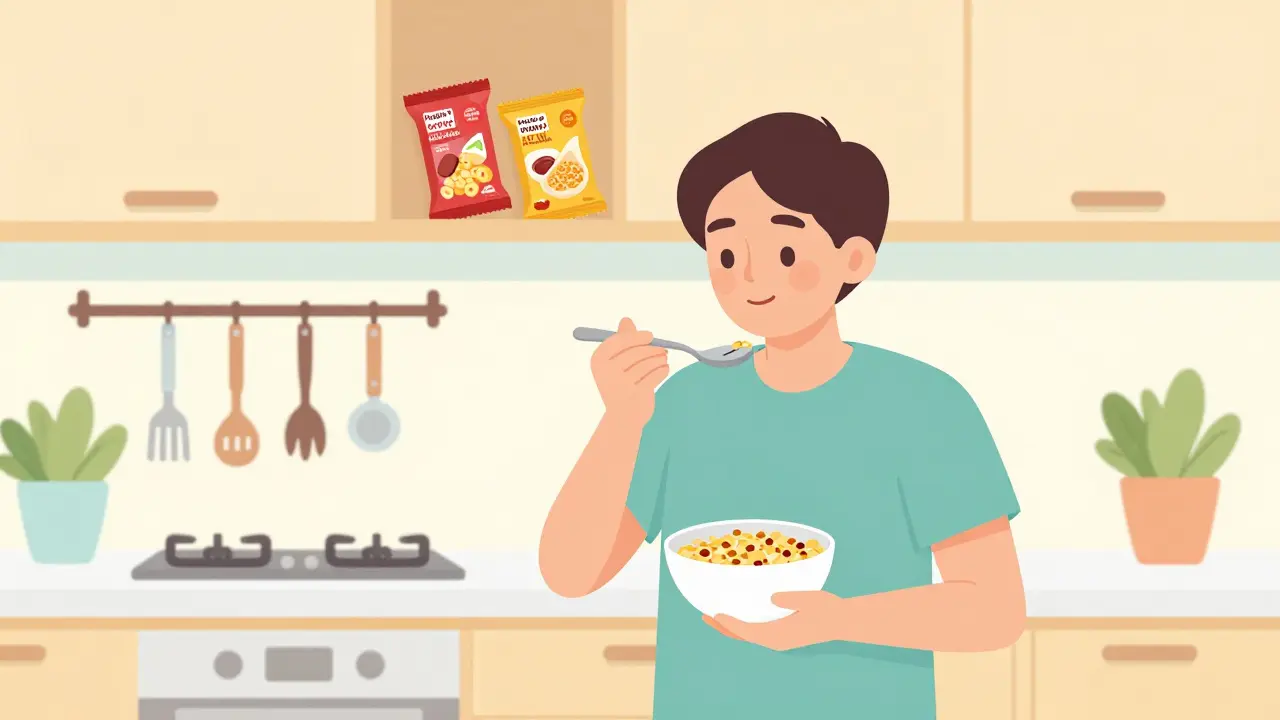 Flat illustration of a person eating whole grains in a kitchen with snacks stored high away.