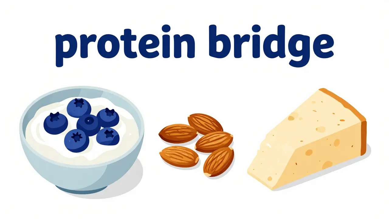 Flat illustration of protein-rich snacks including Greek yogurt and almonds on a white table.