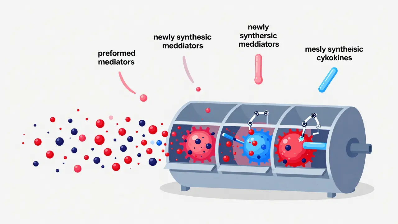 Flat illustration showing the sequenced release of different chemical mediators from a mast cell.