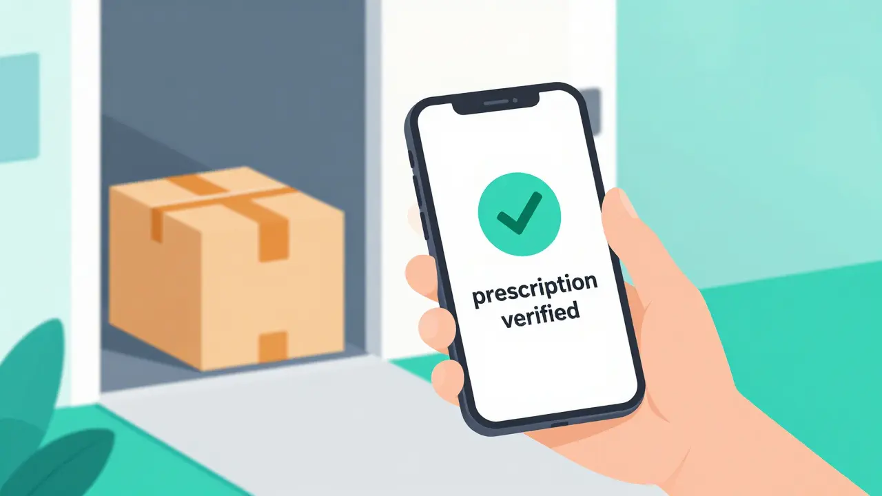 Hand holding a smartphone with a verified prescription and a pharmacy delivery package.