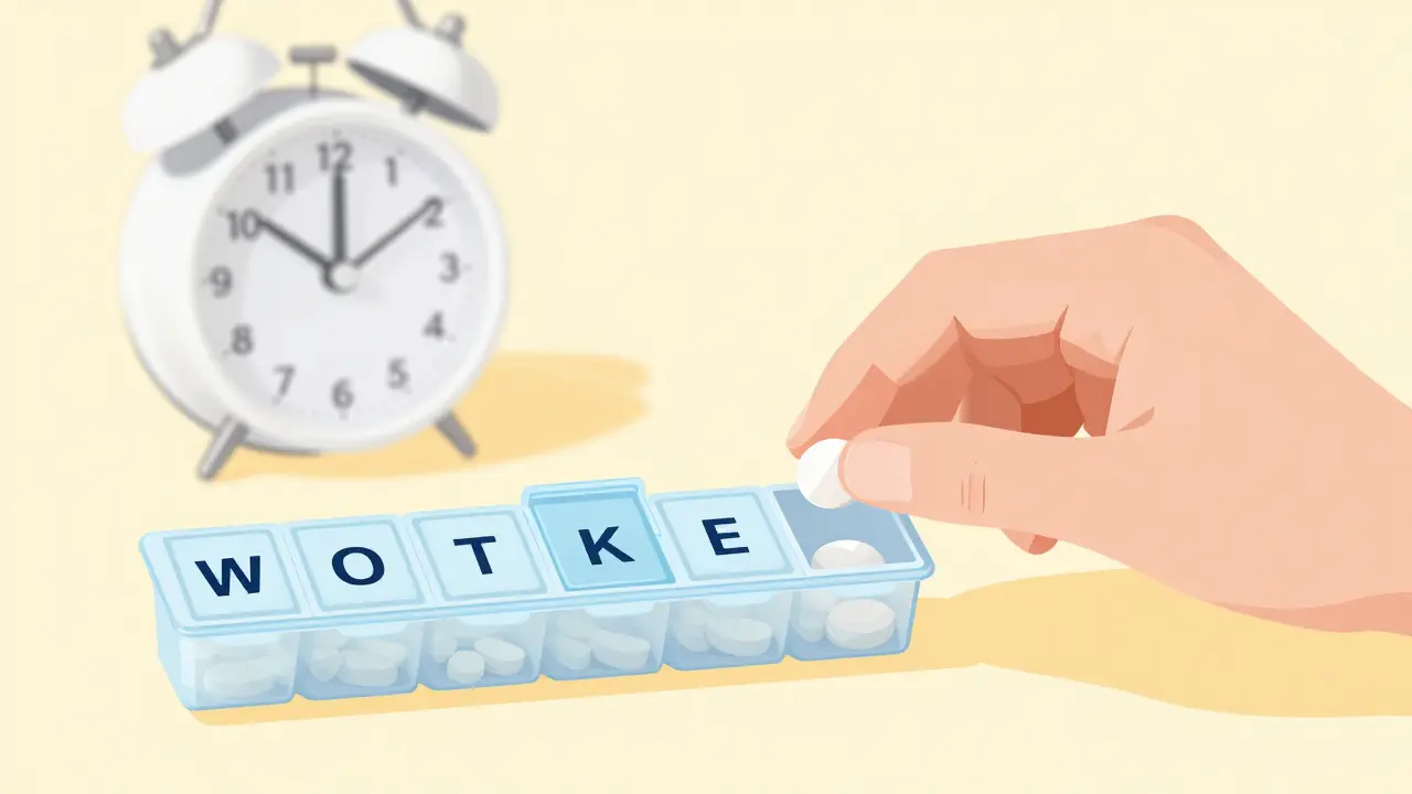 Hand placing a pill into a weekly organizer next to a morning alarm clock