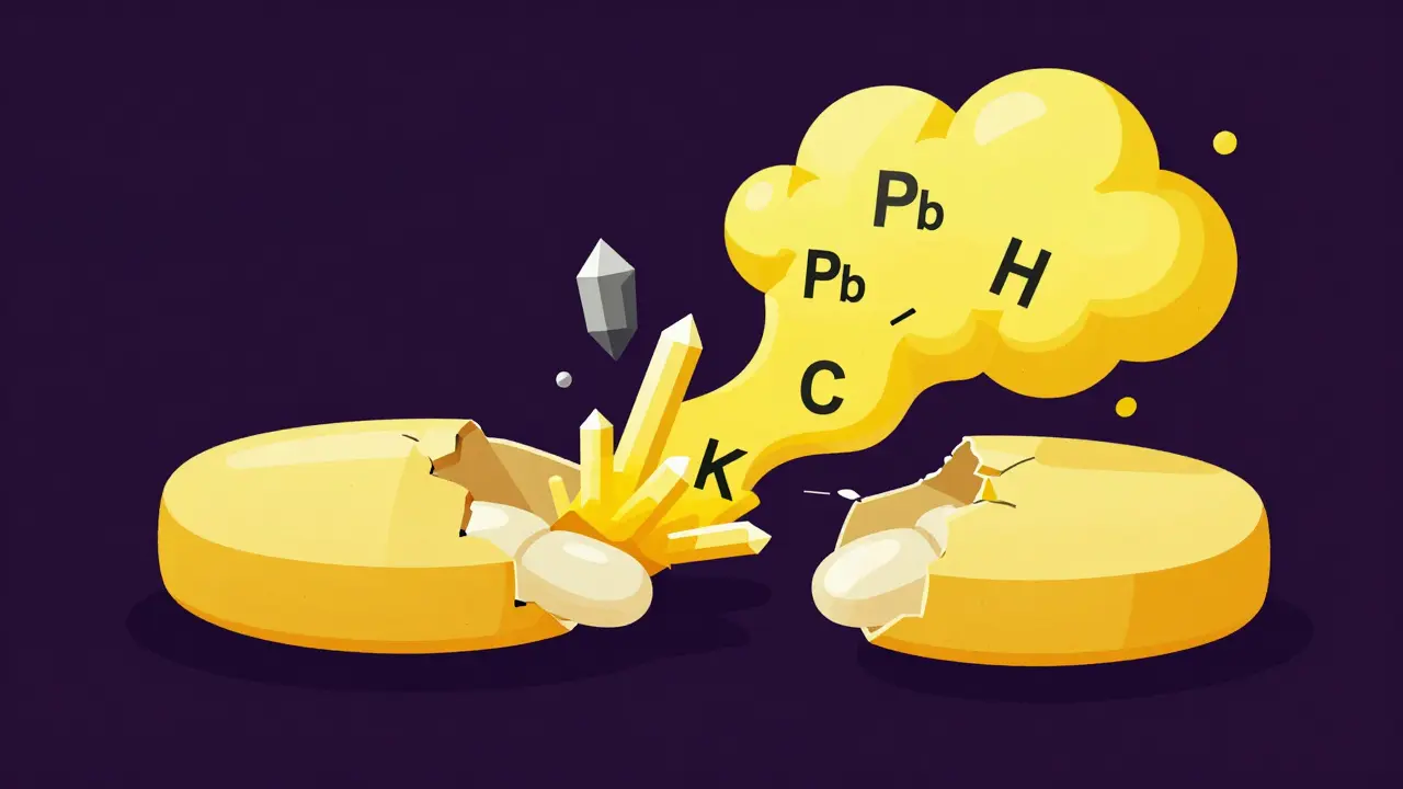 Illustration of a cracked pill releasing toxic chemical symbols and synthetic opioids.