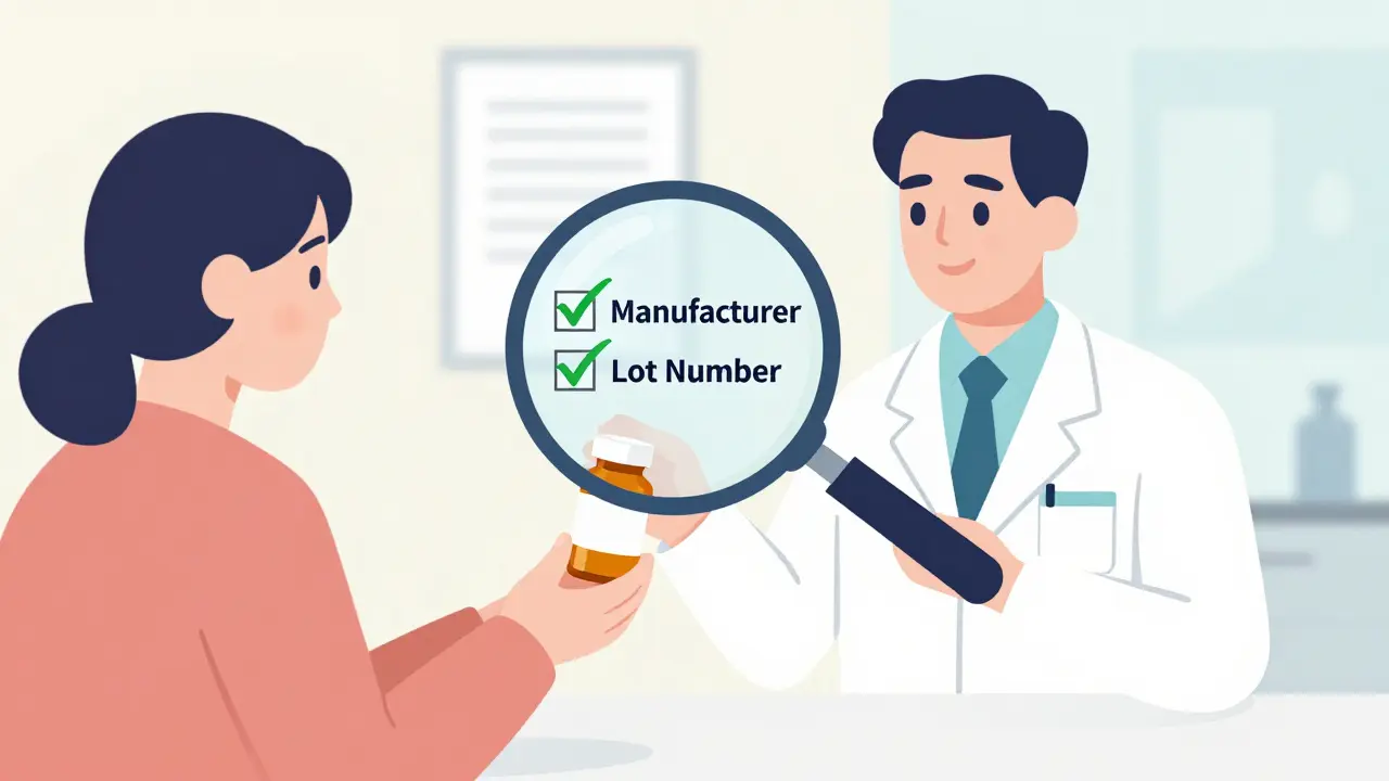 Illustration of a patient showing a medication bottle to a doctor for review