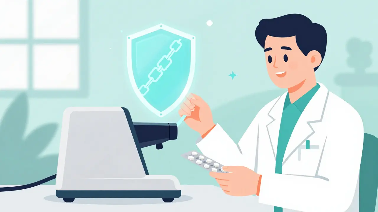 Illustration of a pharmacist using a handheld scanner to verify the authenticity of medication.