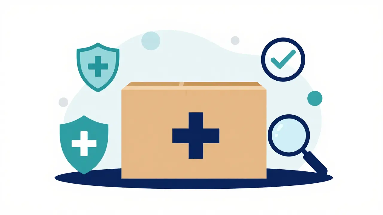 Medical package with safety icons like a shield and magnifying glass.