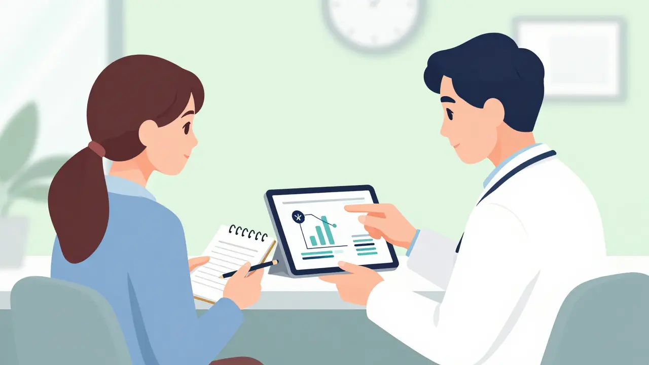 Patient and doctor discussing medical risks in a friendly clinical setting.