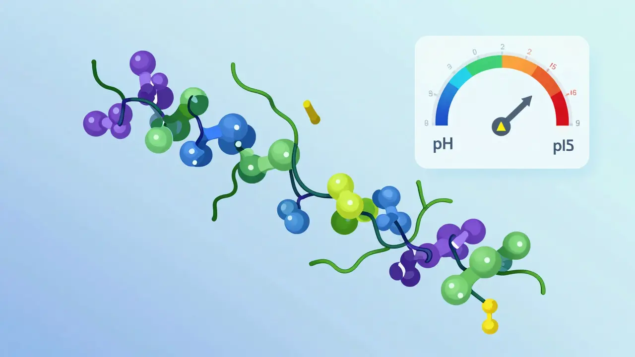 Protein molecule with colorful sugar chains and sensors monitoring pH and temperature