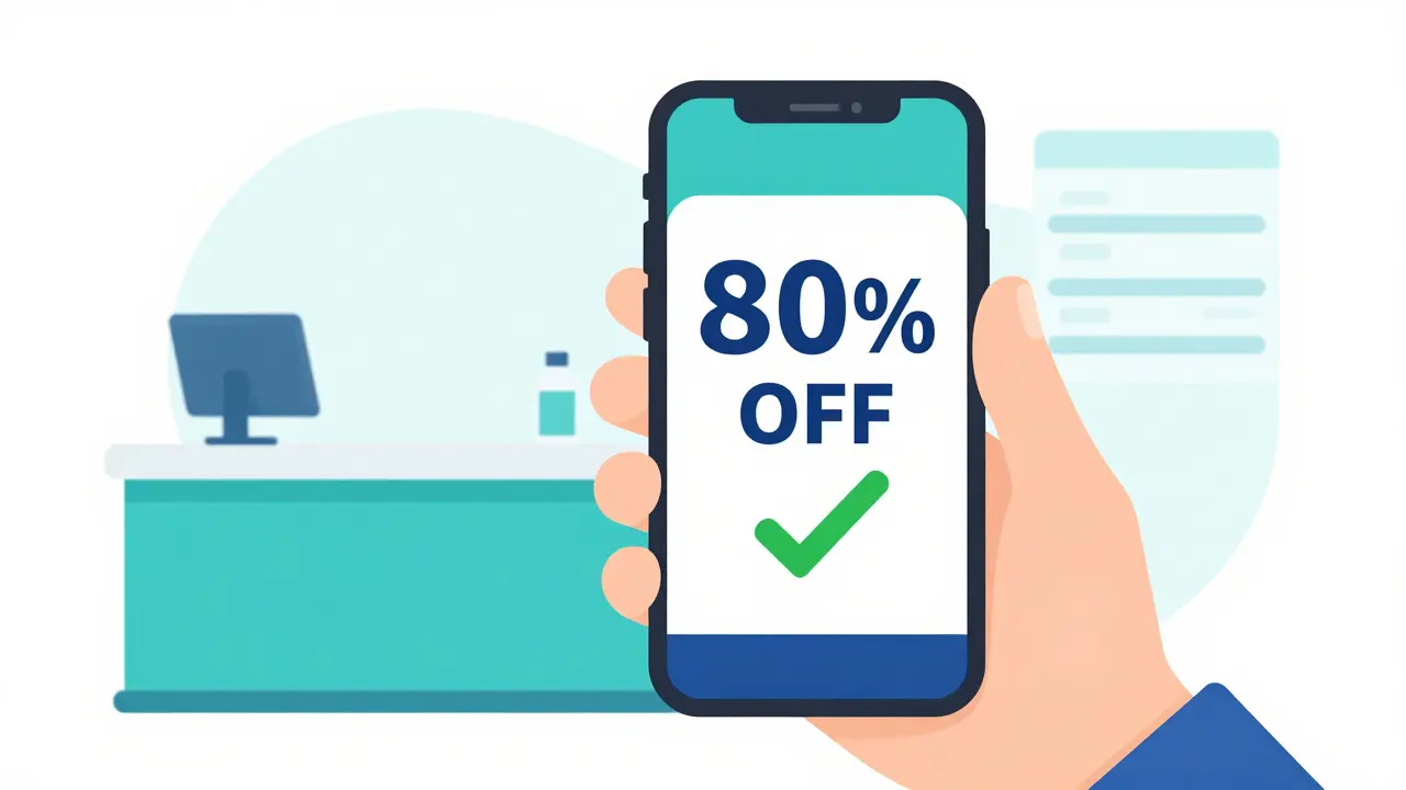Smartphone screen showing a pharmacy discount app with a high percentage of savings.