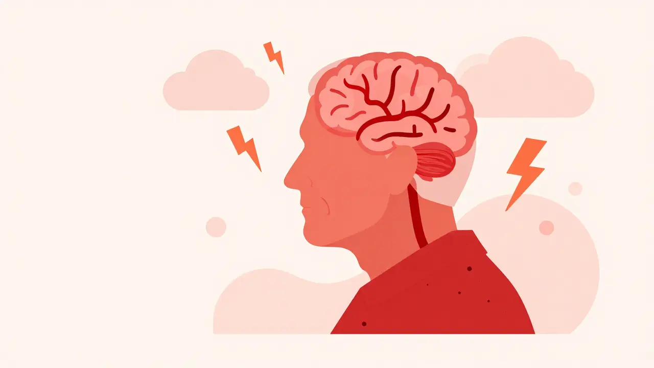 Abstract illustration of brain stroke risk with red veins and storm clouds