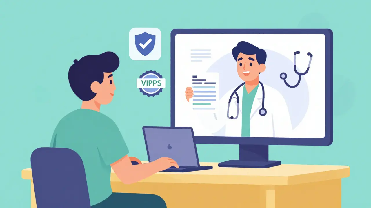 Cartoon of a patient having a video call with a doctor for a digital prescription.