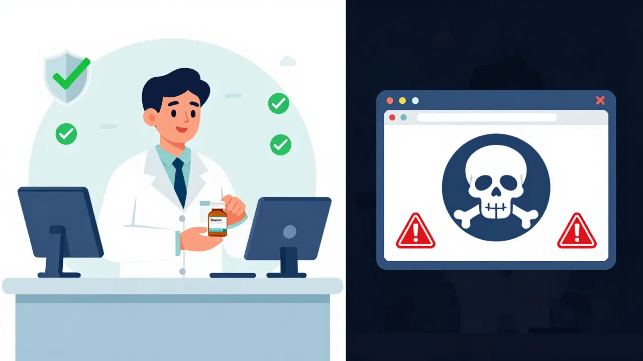 Comparison between safe verified pharmacy and risky fake online site.
