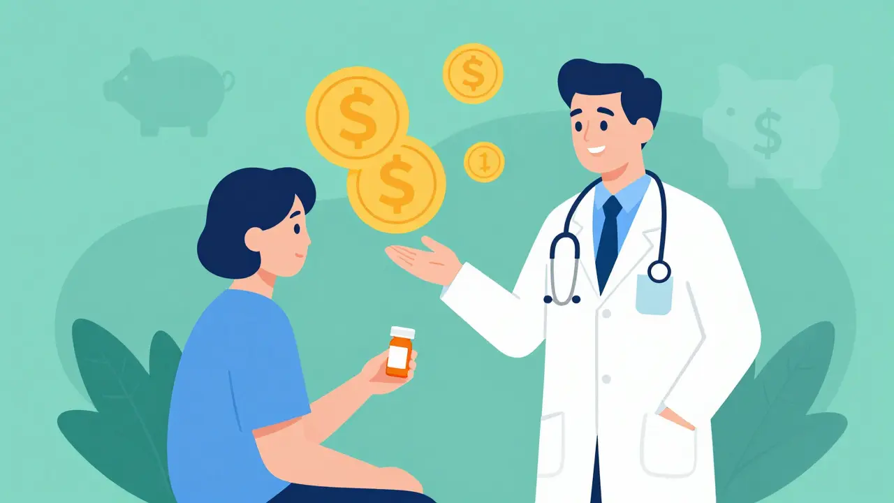 Doctor reassuring a patient about generic medication while savings icons float in the background.