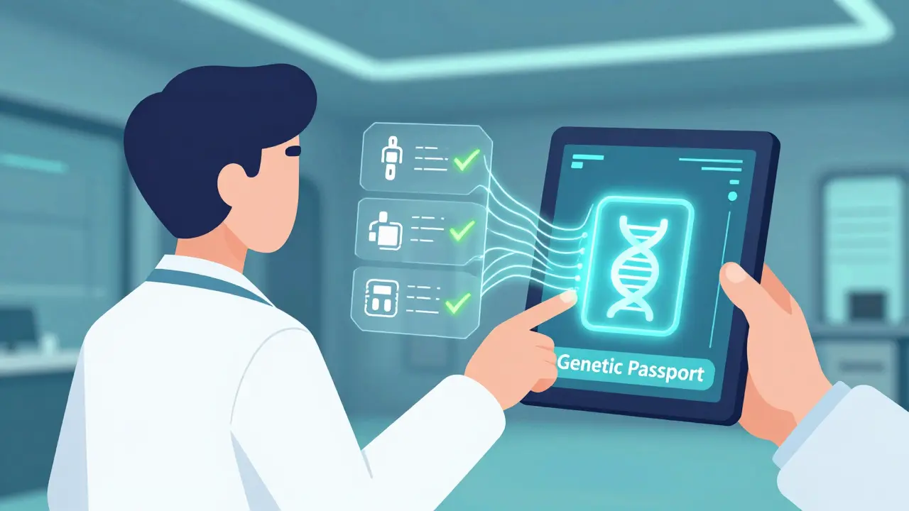 Doctor using a tablet with a genetic passport icon for personalized medication safety