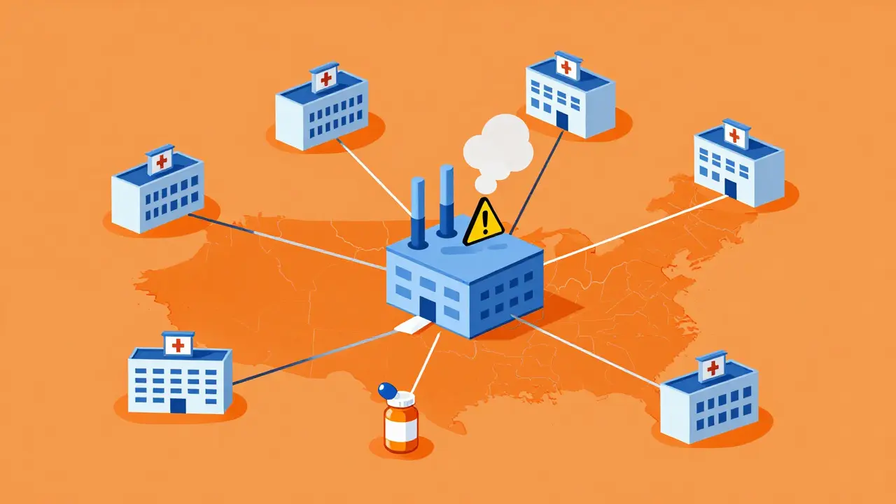 Factory supply chain breaking affecting hospitals in flat vector art