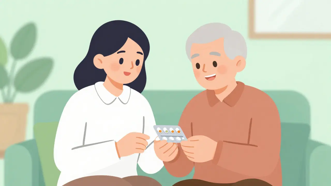 Family helping senior sort meds into blister packs