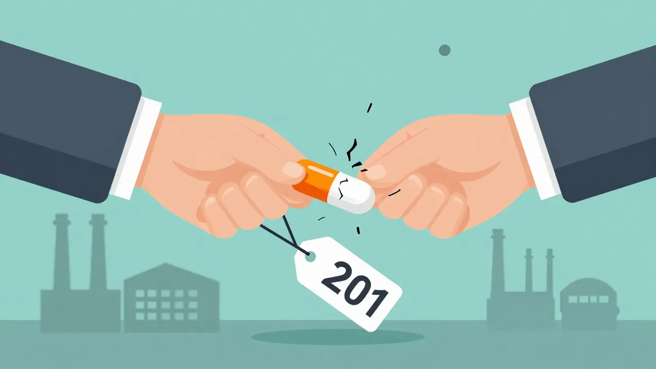 Flat illustration of a pill cracking under pressure from competing hands as factories disappear.