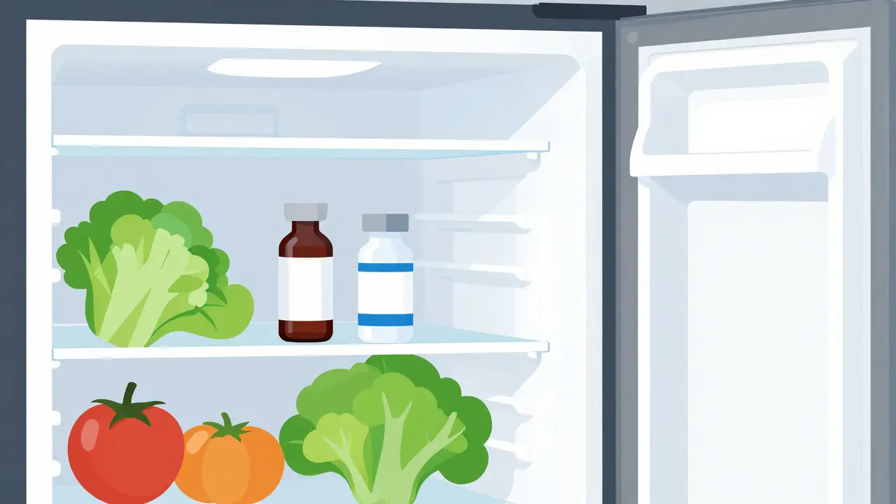 Flat illustration showing meds stored correctly on fridge shelf, not door