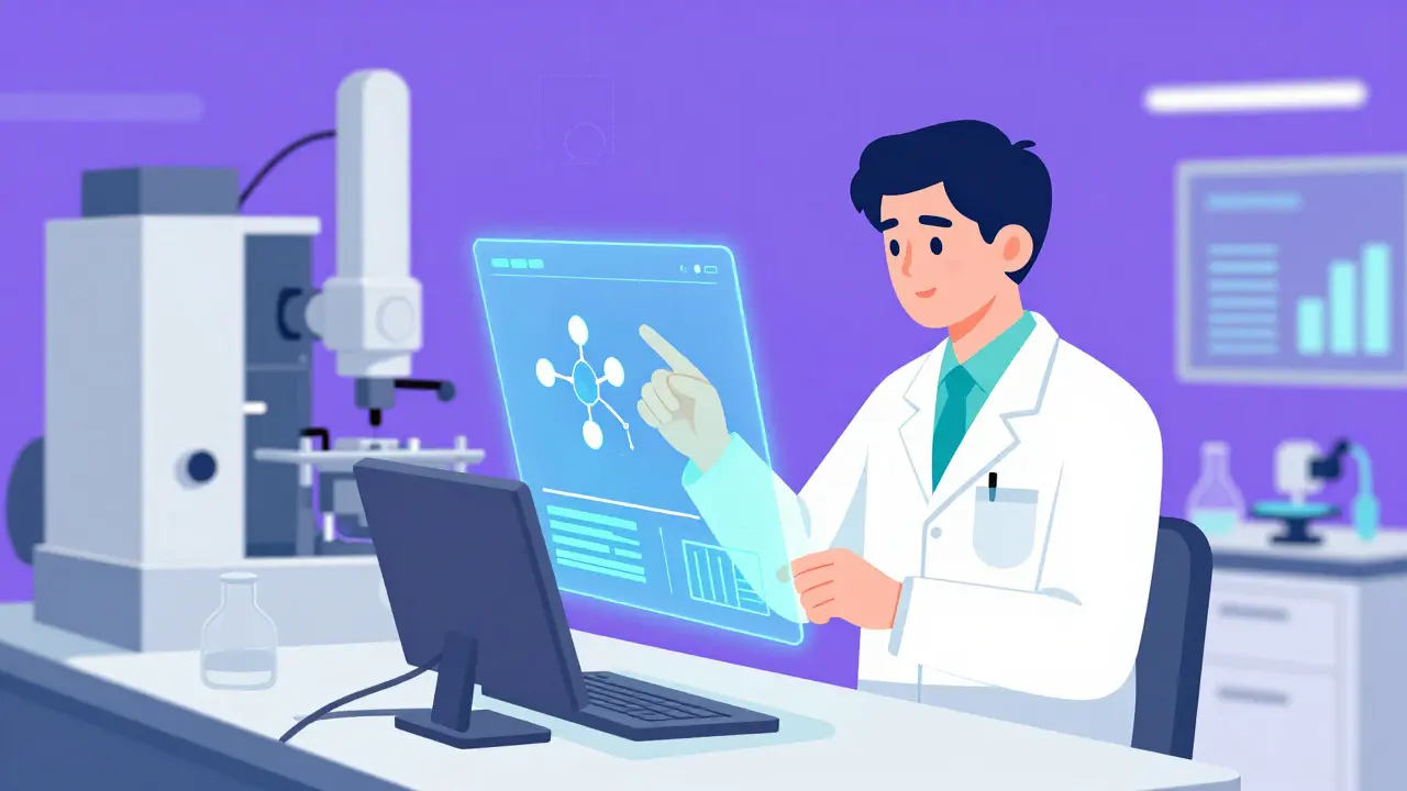 Futuristic lab scene showing AI and tech improving drug stability analysis