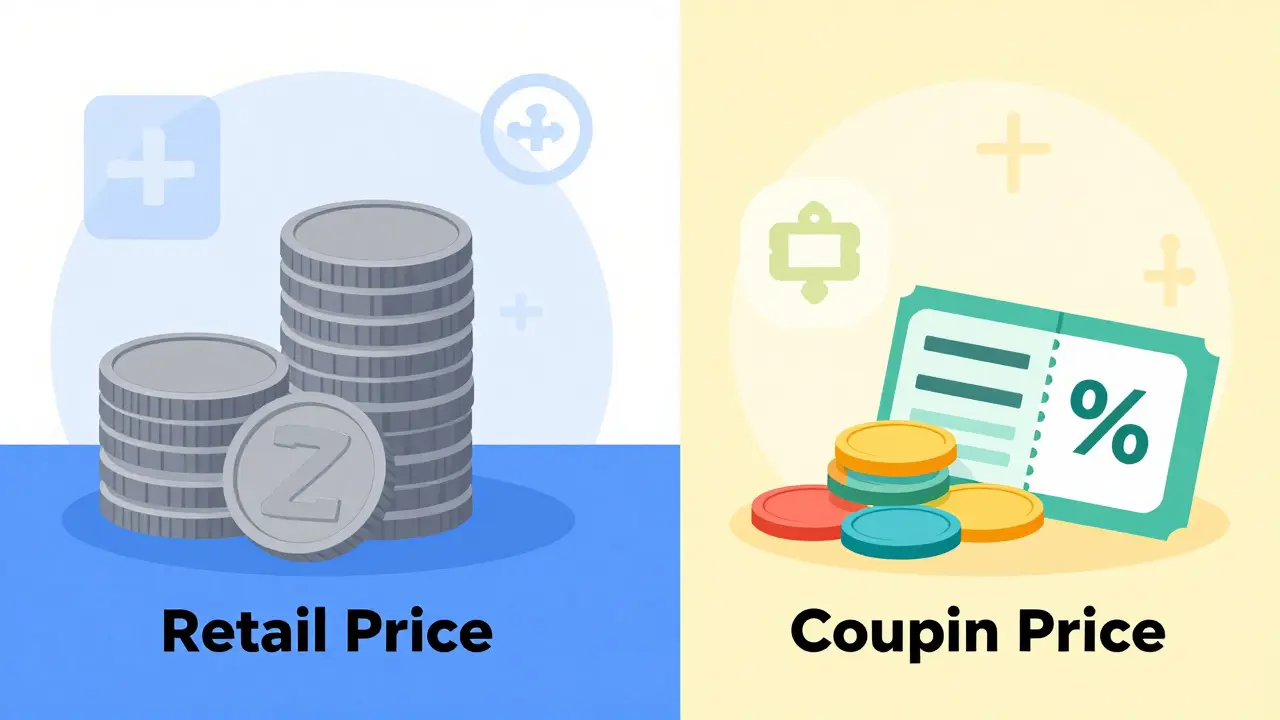 Graphic comparing high retail prices vs low coupon prices for meds