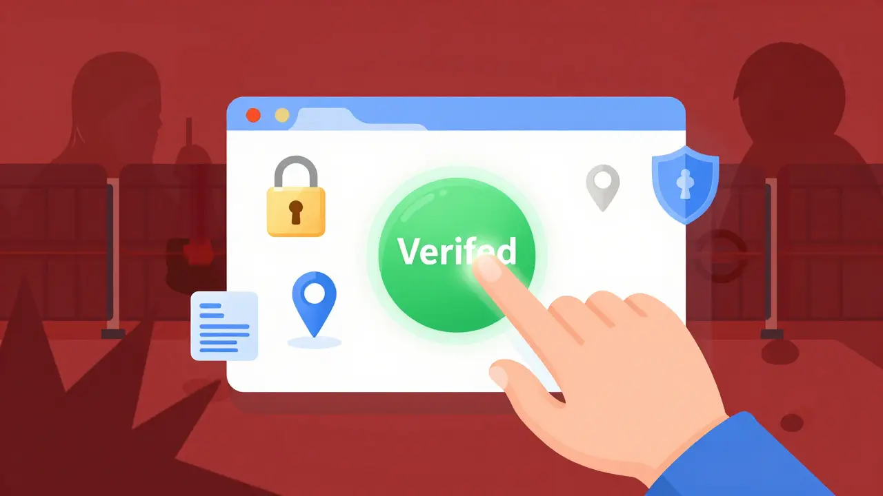 Graphic showing secure online pharmacy verification with shields and locks.