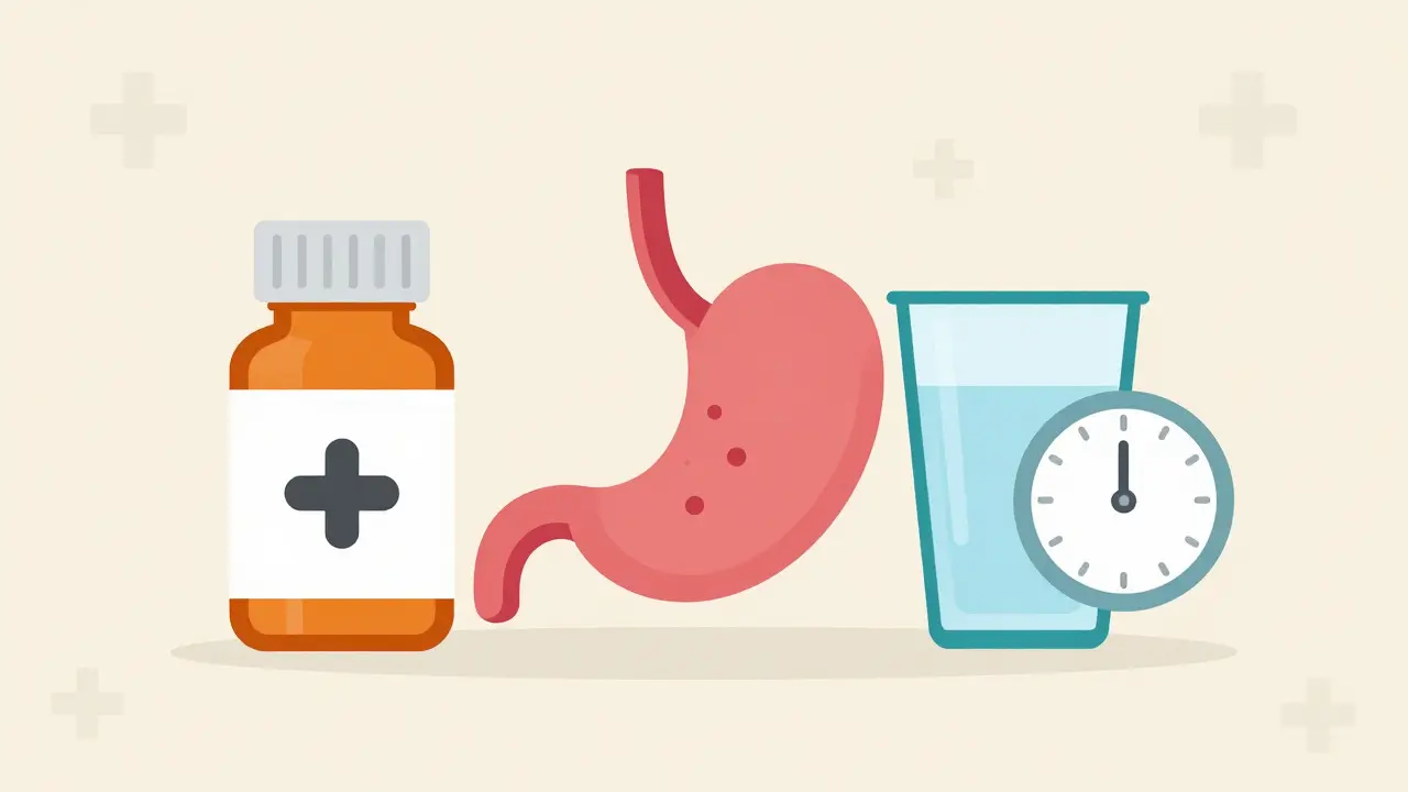 Ibuprofen bottle with stomach warning and dosing clock illustration.