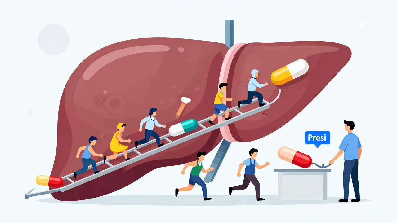 Liver factory metaphor showing enzyme workers processing drugs at different speeds