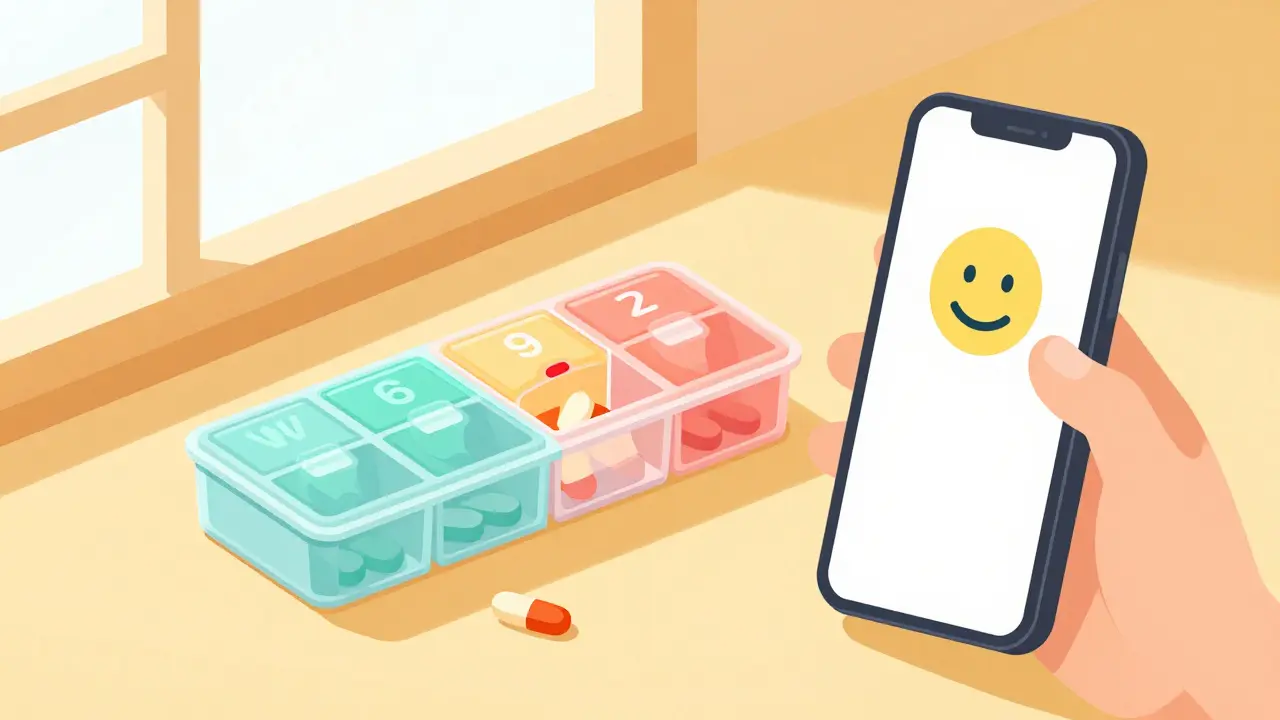 Organized pill box and phone reminder on sunny sill