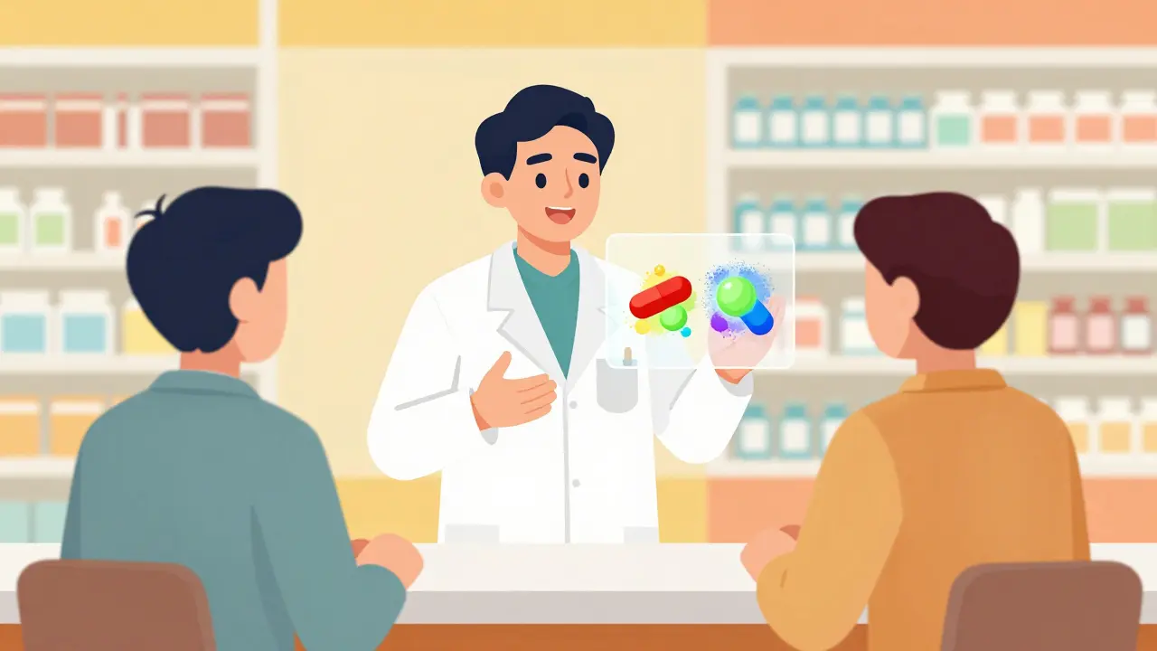 Pharmacist explaining generic drug equivalence with a visual aid