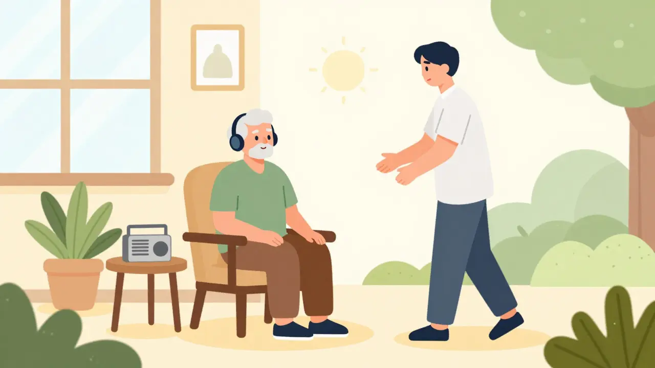 Senior enjoying music and walking as safe dementia care alternative
