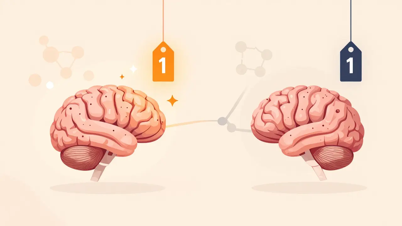 Two brains showing how price expectations influence perceived drug efficacy through neural activity.