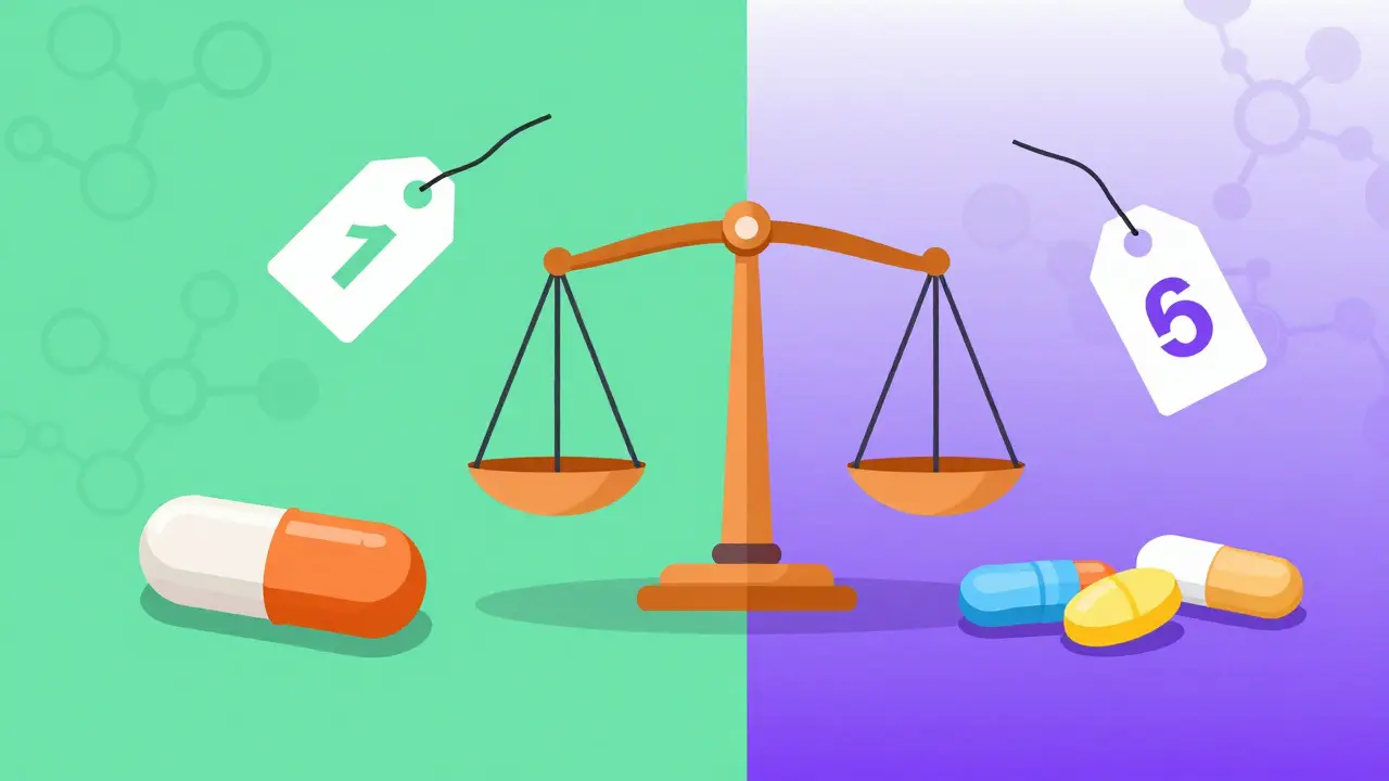 Balance scale comparing expensive brand pill with cheaper generic alternatives