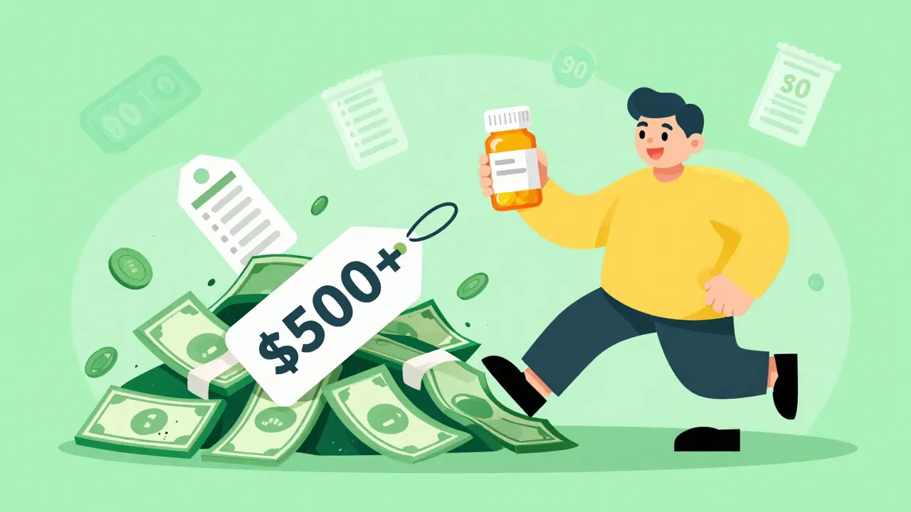 Character celebrating savings by discarding expensive drug price tags