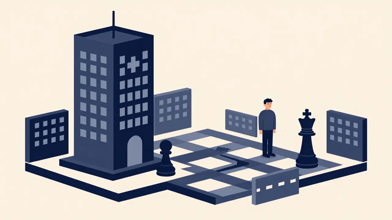 Chessboard metaphor showing big pharma blocking generic competitors with strategic moves.