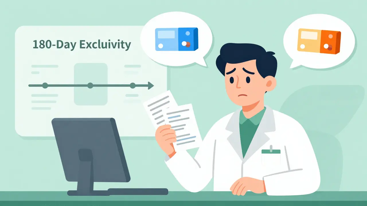 Confused pharmacist holding prescriptions, illustrating the complexity of drug labeling.