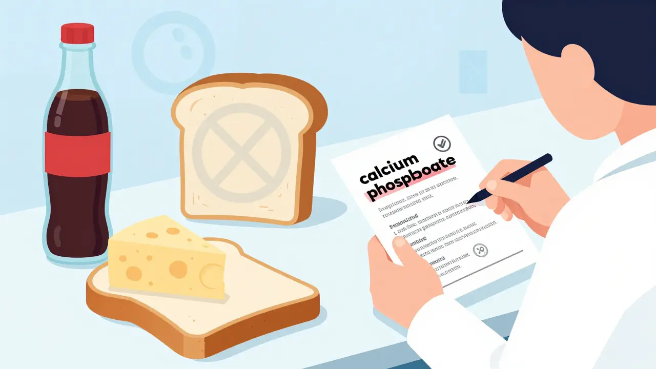Flat design showing white bread and label reading for phosphorus control
