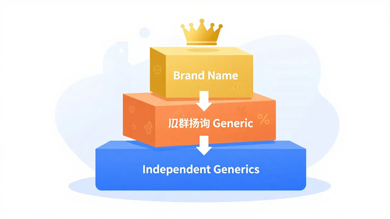 Flat graphic showing a three-tier pricing pyramid for brand, authorized generic, and independent generic drugs.