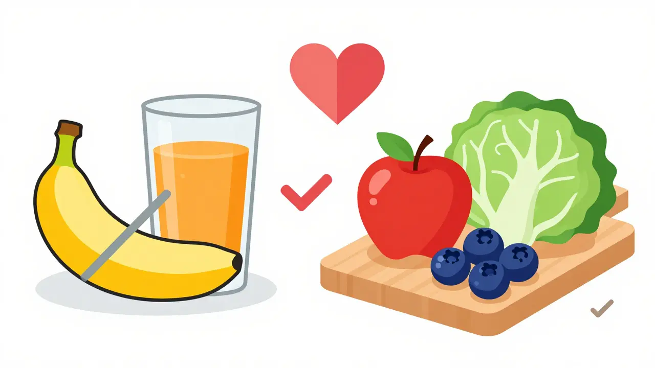 Illustration comparing high-potassium fruits to low-potassium alternatives