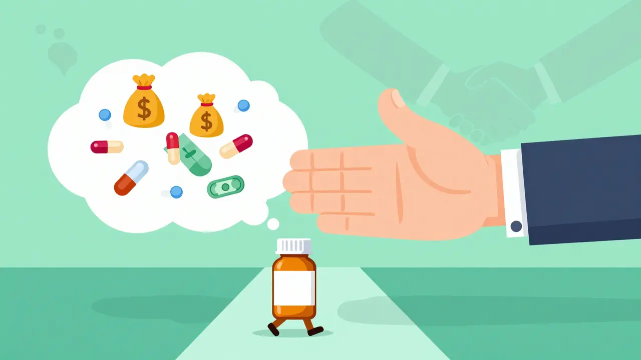 Illustration of regulatory oversight pushing back against anti-competitive practices in the pharmaceutical market.