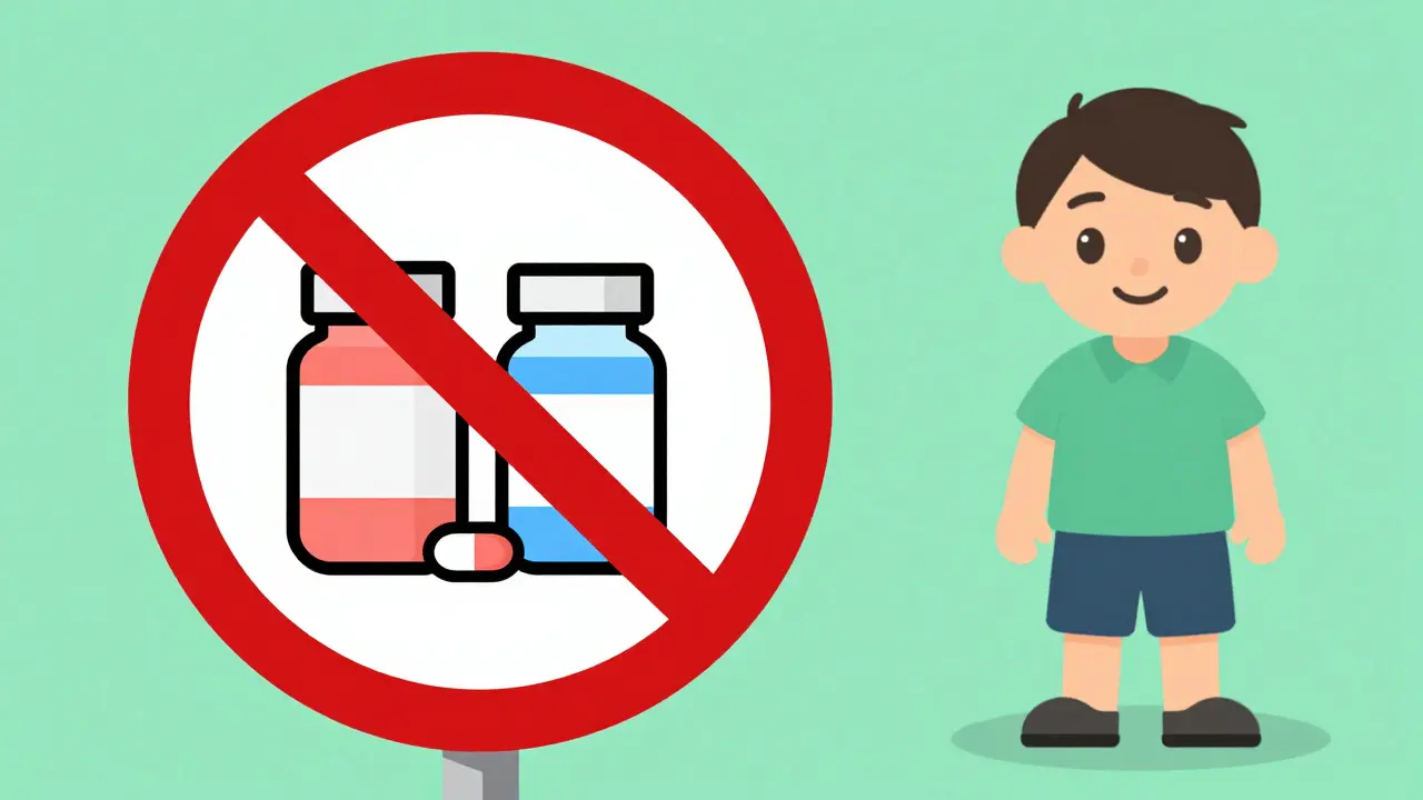 Illustration warning against doubling pediatric medication doses