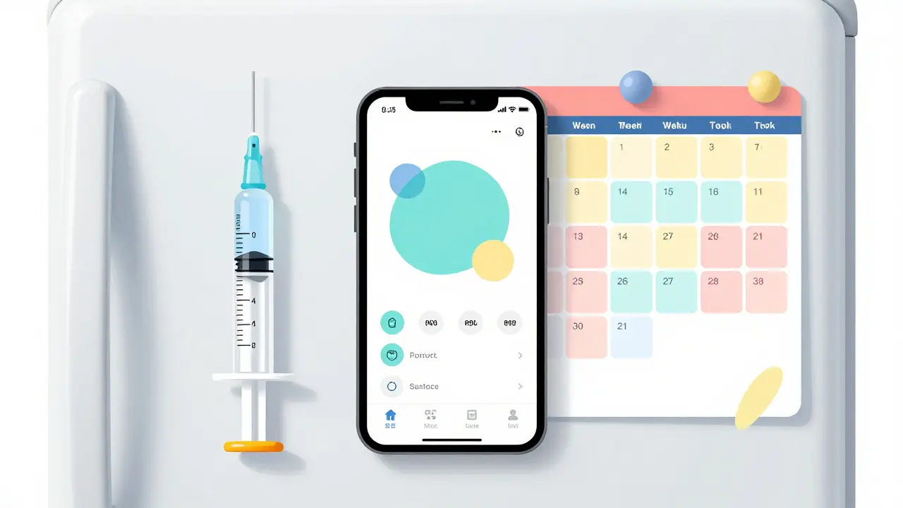 Organized medication tools including syringe and reminder app