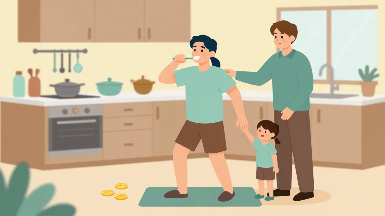 Patient practicing balance exercises at home with support