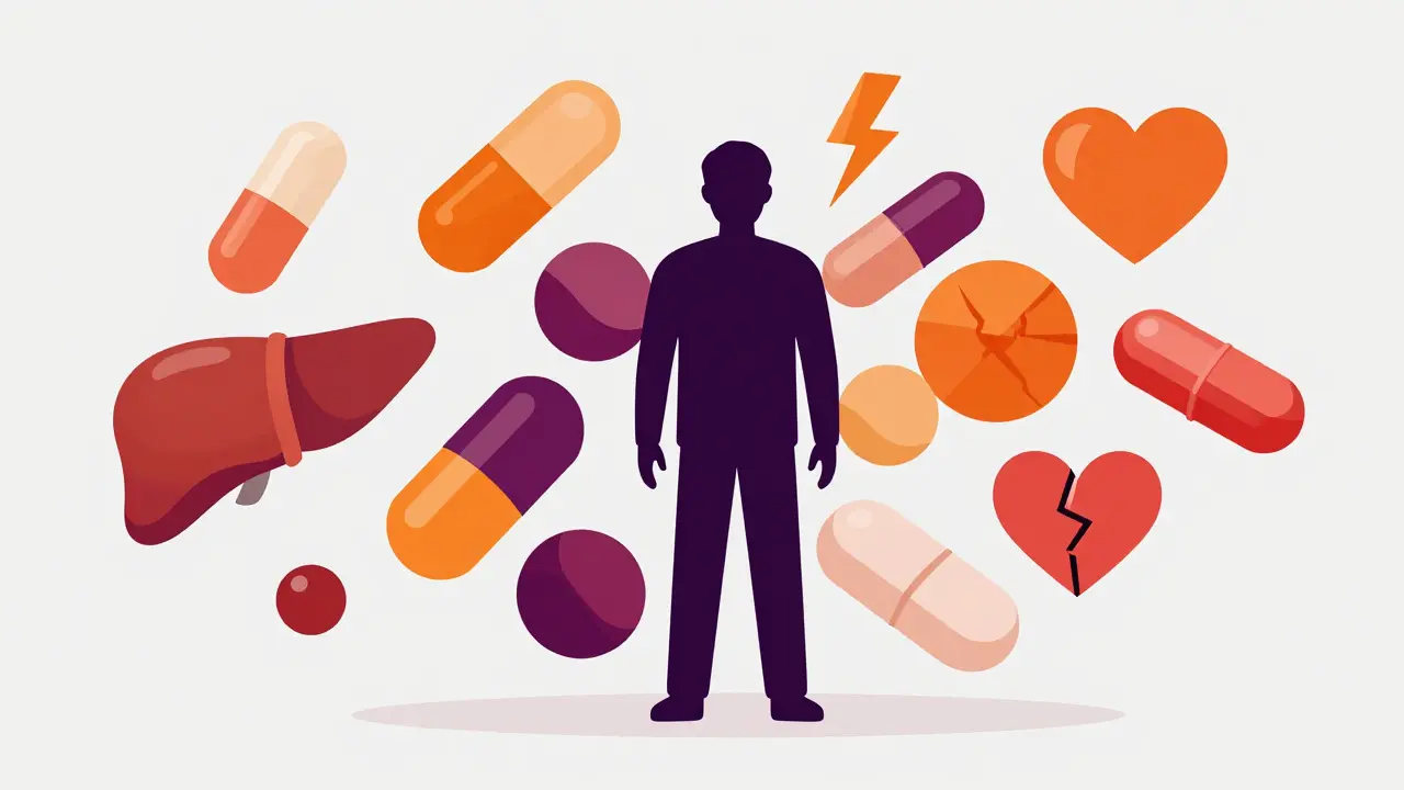 Silhouette surrounded by interacting pills and warnings