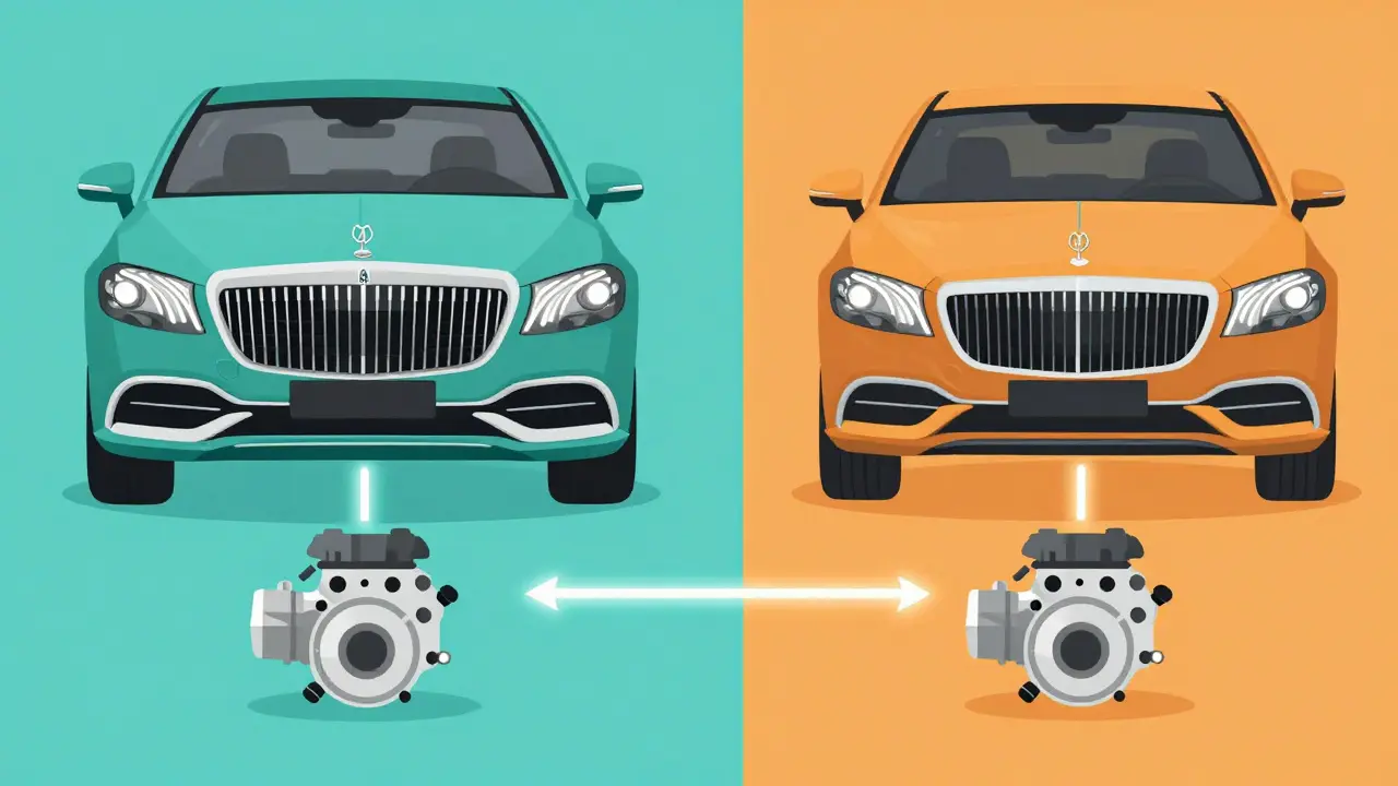 Two cars with different exteriors but identical engines under the hood