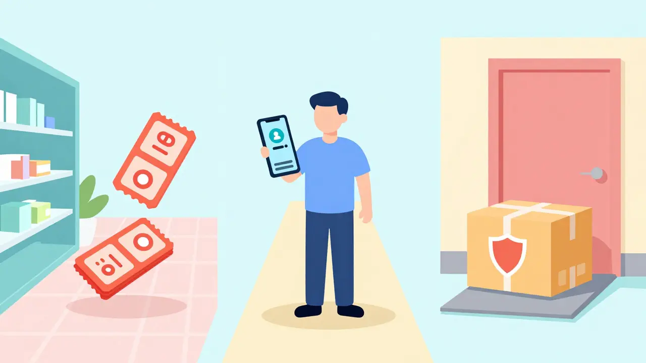 Cartoon showing telehealth, coupons, and online pharmacy options