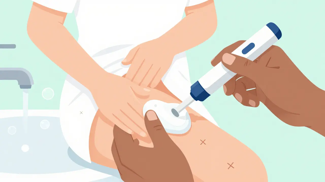 Character demonstrating proper hand hygiene and injection site prep