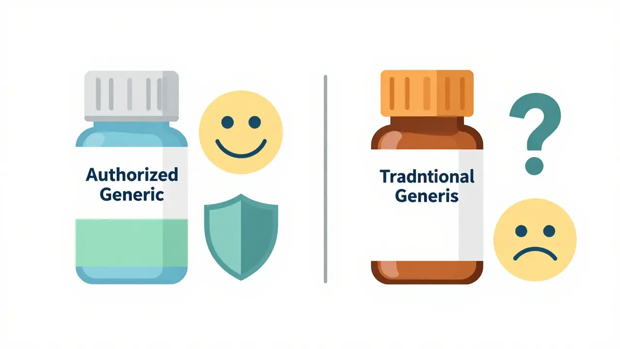 Comparison of authorized generic vs traditional generic pill bottles with trust icons.