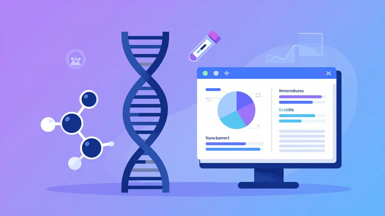 Conceptual graphic of DNA and analytics for future drug selection