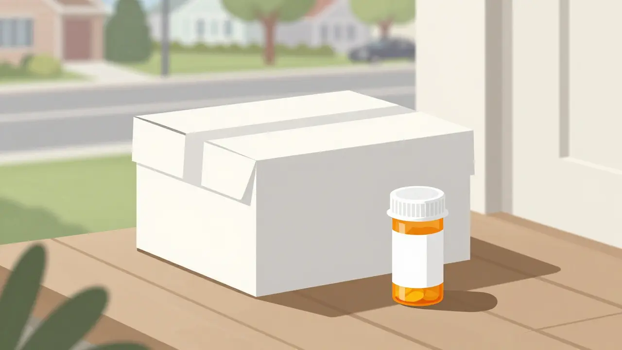 Discreet package and generic pill bottle on a front doorstep
